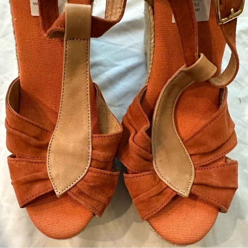 Kanna Anthropologie Suede Leather Orange Espadrille Platform Wedge Sandal 9